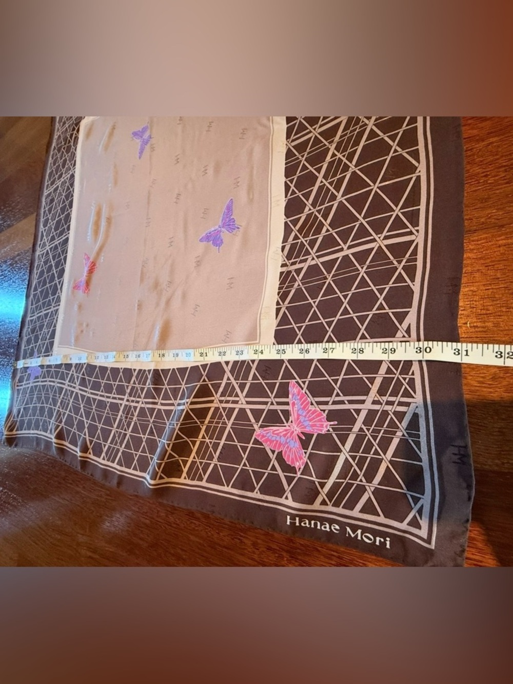 Hanae Mori Butterfly Print Silk Scarf in Brown & Pink 31 x 31 inches Japan made.